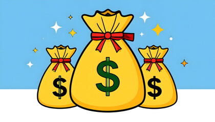 Three Yellow Money Bags with Dollar Symbols and Red Ribbon on Light Blue Background with Sparkling Stars