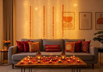 Photo of cozy diwali home setting with candles, flowers, and string lights creating a warm and festive atmosphere for celebrating the festival of lights