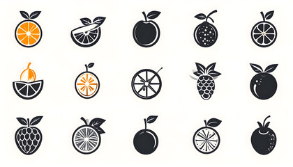Pixelated Fruit Icons Set on White Background Various Citrus Slices Leaves and Detailed Illustrations