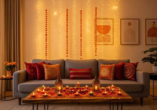 Photo of cozy diwali home setting with candles, flowers, and string lights creating a warm and festive atmosphere for celebrating the festival of lights