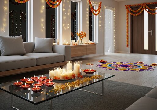 Photo of diwali home decoration with candles, lights, and rangoli, creating a festive and spiritual atmosphere for the celebration of the festival