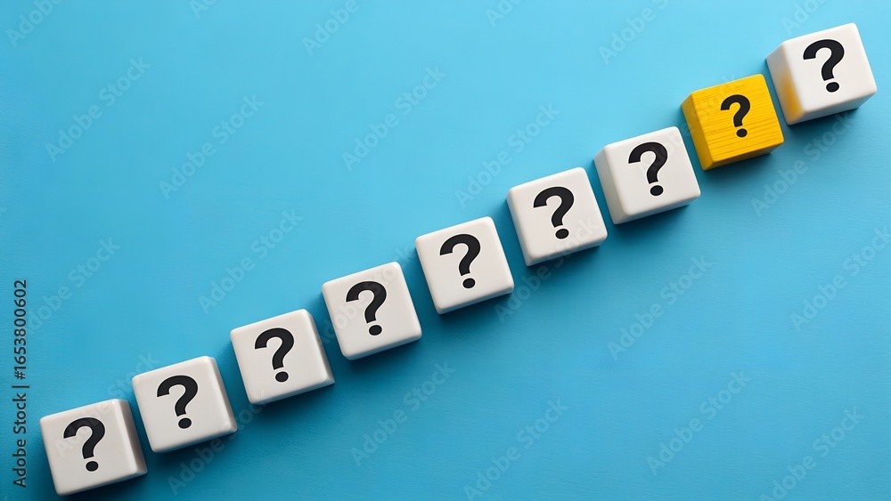 Poster decision-making and standout concept – white cubes with question marks and one yellow cube, strategy