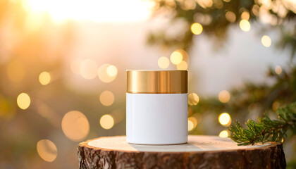 White Cosmetic Jar With Gold Lid Presented On Wooden Stump with Blurred Bokeh and Greenery Backdrop