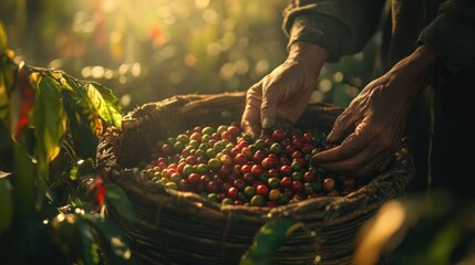 Hands sorting coffee beans in a basket, rural plantation, sunrise