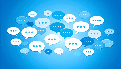 Abstract Blue Background with Floating White Speech Bubbles of Various Sizes Representing Communication and Dialogue