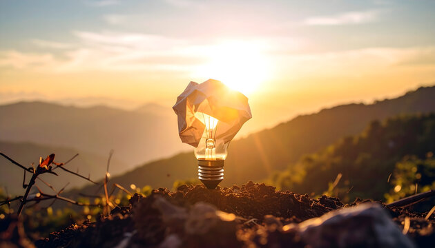 Illuminated lightbulb in nature illuminated by bright sunset over mountain range against orange sky