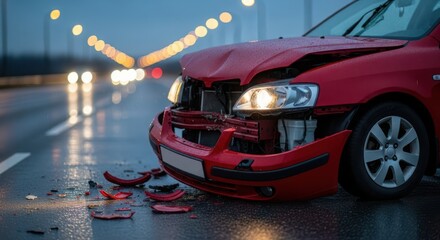 Damaged red car after a collision on the road during a rainy night scene