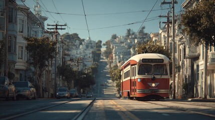 Obraz premium Vintage charm: San Francisco's iconic streetcar ascending a steep urban hill