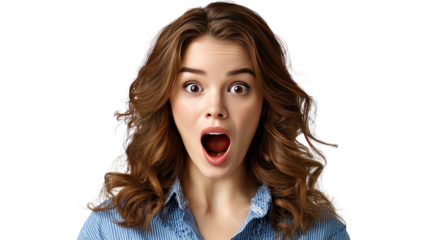 Unveiling Awe: A captivating studio portrait of a woman with wide eyes and open mouth, embodying surprise and astonishment with a touch of elegance. 