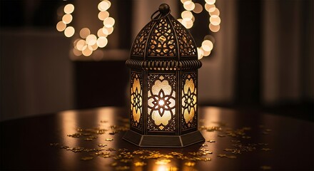 Beautiful ornate lantern glows warmly amidst scattered gold stars and soft bokeh lights