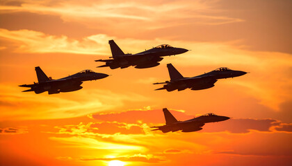 Silhouetted Fighter Jets Flying In Formation Against A Vibrant Orange Sunset Sky