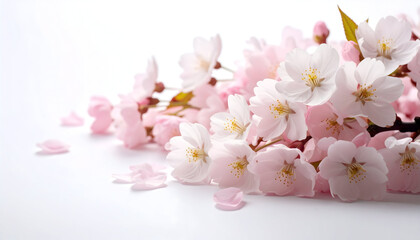 Close Up Of Delicate Cherry Blossom Flowers With Soft Pink Petals On White Background