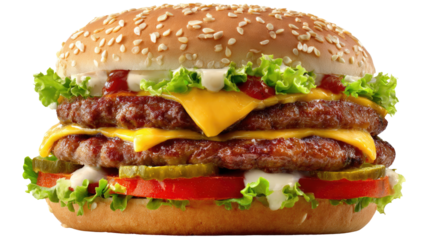 Delicious Double-Decker Burger: A mouthwatering double-decker burger, boasting juicy patties, melted cheese, fresh toppings, all nestled between a sesame seed bun. A feast for the eyes.
