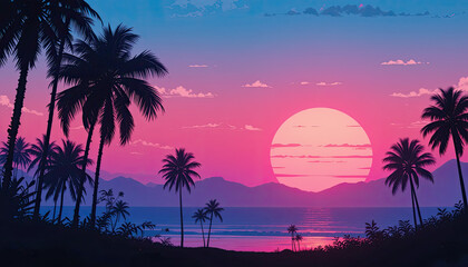 Vibrant retro sunset over tropical ocean with silhouetted palm trees and distant mountains creating a dreamy, nostalgic paradise vibe for vacation or relaxation themes