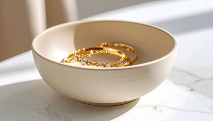 Gold Bracelets Resting In Beige Bowl On White Marble Table Top Under Soft Sunlight