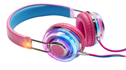 Headphone Radiance: A vibrantly designed headphone, showcasing pink, blue, and luminous effects, represents music and technological sophistication.
