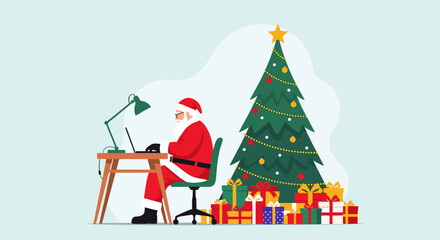 Santa claus working on a laptop beside a decorated christmas tree surrounded by gifts and presents