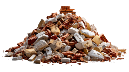 Pile of Debris and Construction Rubble: A close-up shot shows a chaotic collection of fractured bricks, broken cement, and construction debris.
