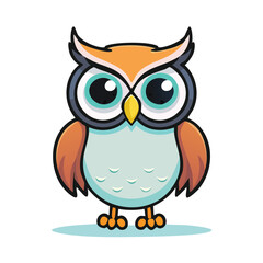 Naklejka premium Cartoon illustration of a cute owl with orange and brown feathers, big eyes, and a yellow beak.