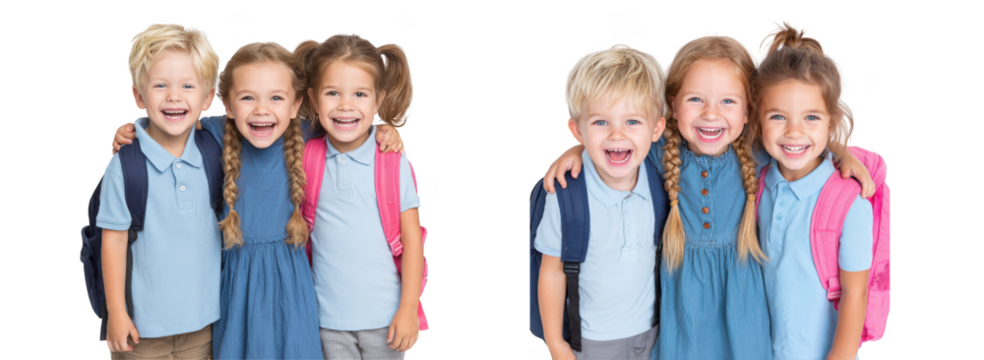 Three happy young school children with backpacks smiling and laughing together, isolated on transparent background