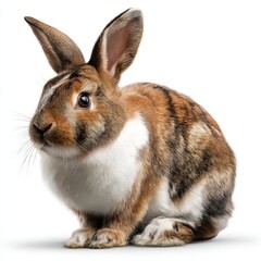 Obraz premium This image features a cute multicolored rabbit with big ears against a white background, perfect for animal and pet-related content online.