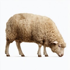 Obraz premium A woolly sheep grazes peacefully on a plain white background.