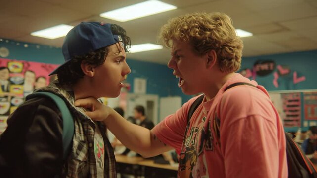 Bullied brunette schoolboy facing peer pressure concept. Tension between two schoolboys in a classroom environment highlighting conflict.