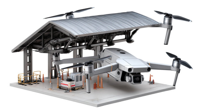 Drone Resting in Shelter: A futuristic drone rests serenely under a metallic shelter, surrounded by modern infrastructure in a clean setting.