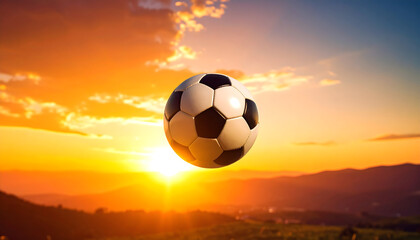 Soccer Ball Suspended In Air Above Golden Sunset Over Mountainous Landscape