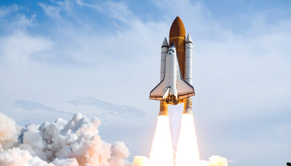Space Shuttle Ascending Into Blue Sky With White Clouds And Intense Orange Flames