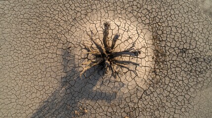 A drought has caused the riverbed to dry up, exposing cracked earth surrounding a lone tree stump. The harsh sunlight casts shadows, highlighting the stark contrast of desolation.