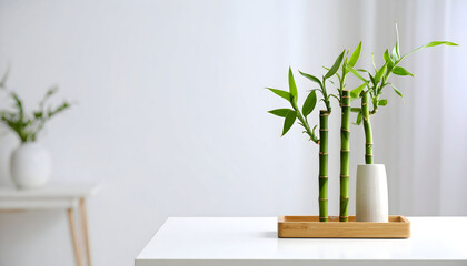 Close Up Bamboo Plant Displayed On White Table Against White Wall With Wooden Tray And Blurred Background