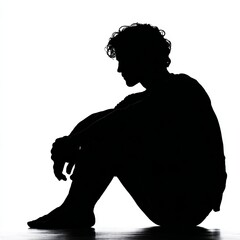 A silhouette of a person sitting with knees drawn up, against a white background.