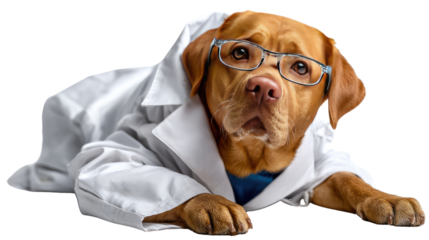 Labrador Retriever in Lab Coat: A charming Labrador Retriever, adorned in a lab coat and spectacles, exudes an air of intelligence, posing confidently in a light-filled setting. 