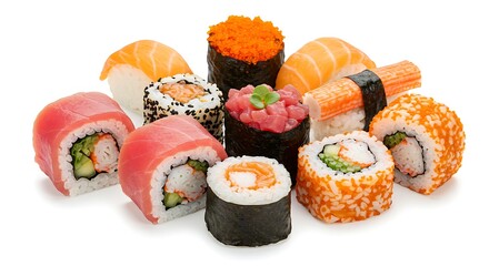 Assorted Sushi Rolls and Nigiri with Tuna, Salmon, and Tobiko on White Background