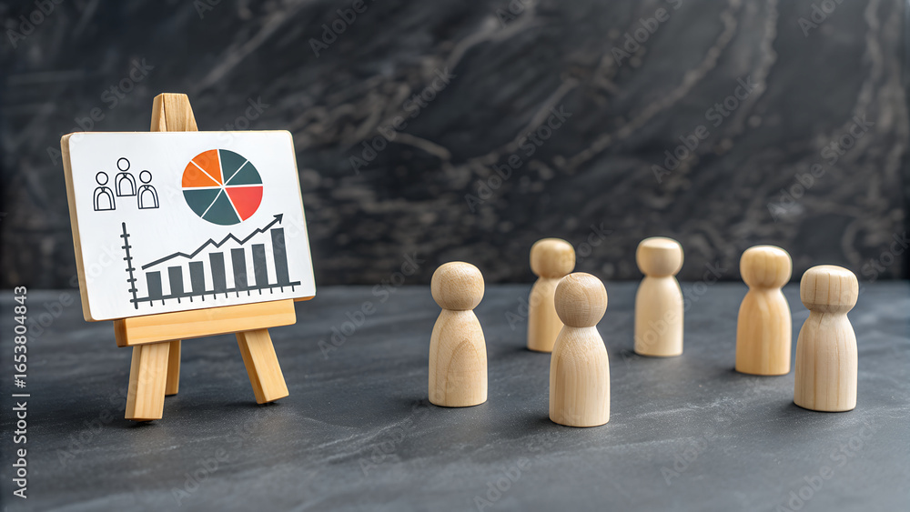 Poster team meeting and data presentation concept – wooden figurines observing chart on easel with pie and 