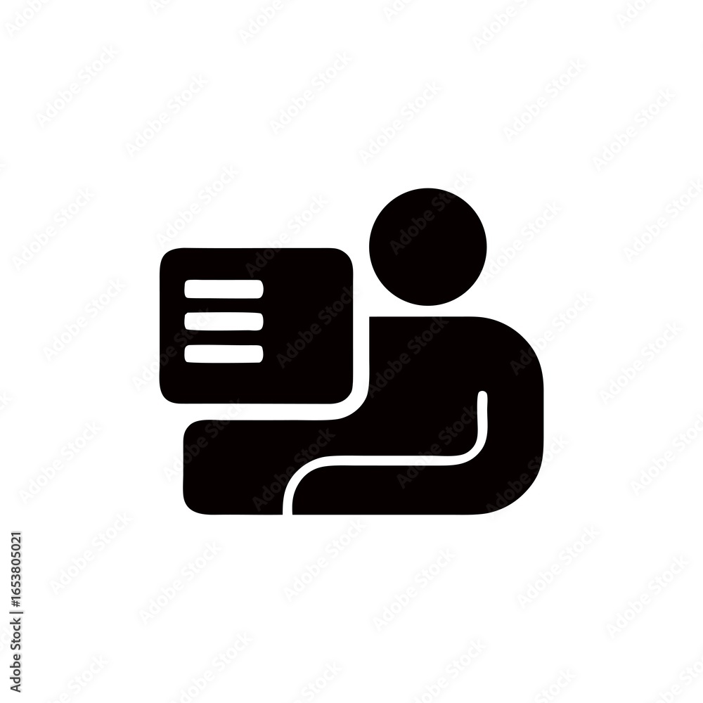 Poster person holding document icon representing data management task completion and information delivery s