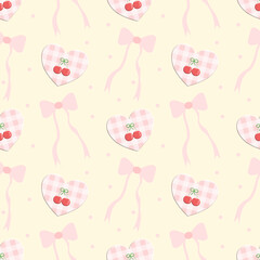 seamless pattern with hearts bow and cherry ,  fabric patterns, gift wrapping paper, notebook cover, phone case pattern 