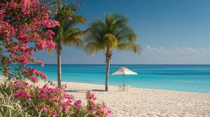 Grand Cayman Island. Empty Seven Mile Beach with Palm Trees, Flowers, and Closed Parasol