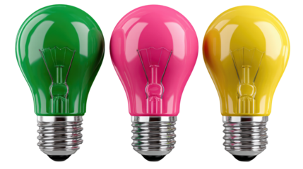 Colorful Lightbulbs: A vibrant close-up of three colorful lightbulbs in a row, each with a unique hue—green, pink, and yellow. These bulbs sit on metallic base.