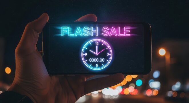 A smartphone displaying a flash sale advertisement with a countdown timer at night