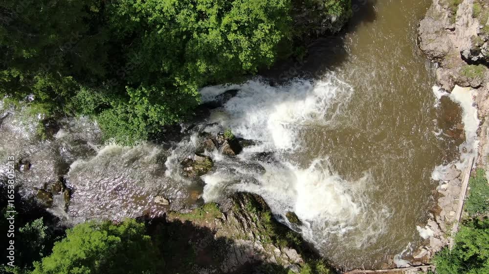 Poster an aerial view shows water rushing over rocks and forming a stream trees line the stream's edges som