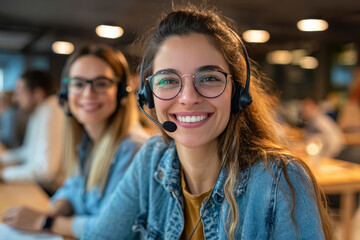 Fototapeta premium Smiling Women with Headsets – AI Generative