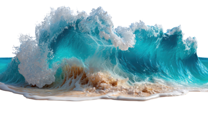 Ocean's Embrace: A towering turquoise wave, captured in a high-definition composition, crashes onto the sandy shore, revealing a dynamic symphony of nature's power.