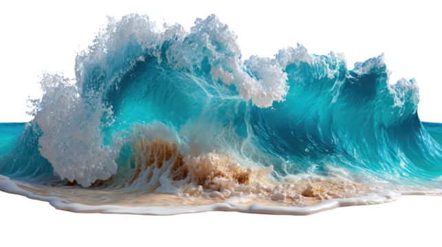 Ocean's Embrace: A towering turquoise wave, captured in a high-definition composition, crashes onto the sandy shore, revealing a dynamic symphony of nature's power.