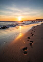 Golden Hour Footprints: Serene Beach at Sunset with Reflective Wet Sand