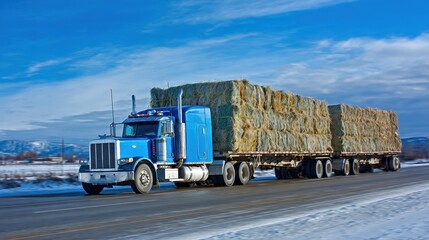 Hay Truck. Big Semi Hauler Truck Carrying Bales of Hay on Flatbed Trailers in Winter Sunshine