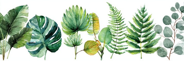 Hemp Water Color. Botanic Tropic Composition with Exotic Watercolor Leaves - Eucalyptus, Banana Palm, Fern