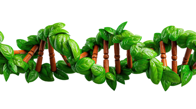 DNA Helix with Green Leaves: A visually stunning artistic representation of a DNA helix, meticulously crafted from vibrant green leaves.