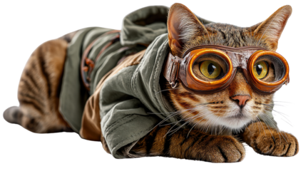 A Cat's Aviator Adventure: A curious domestic cat, adorned in vintage aviator goggles and an olive-green flight suit, lounges confidently against a clean background.